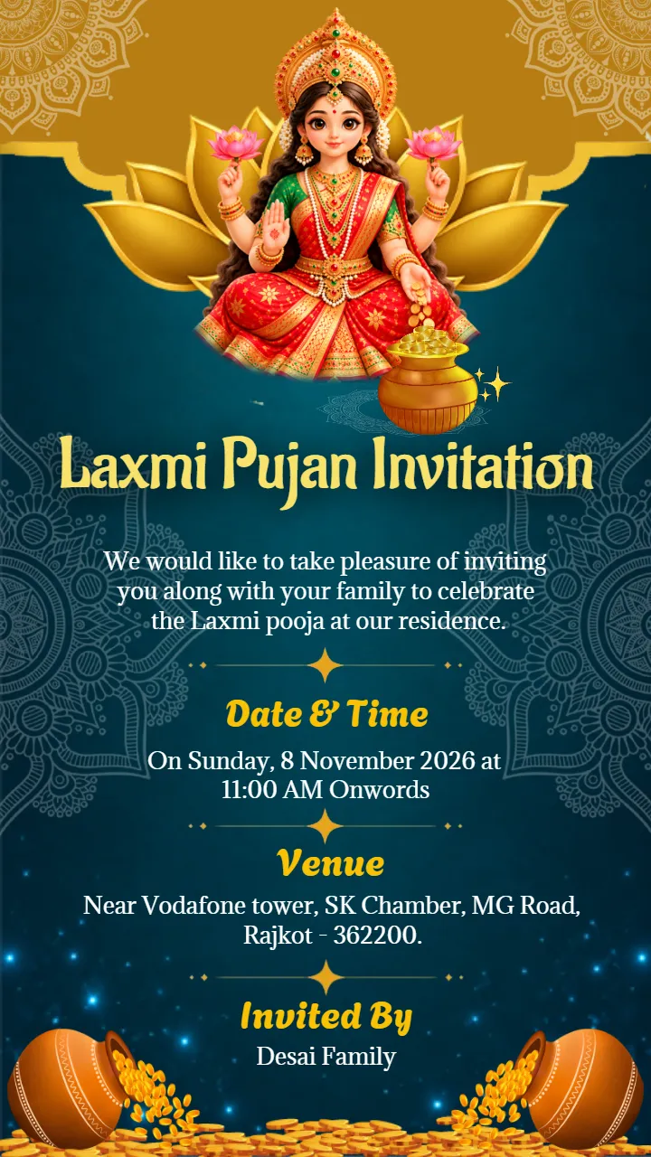 Laxmi Pujan Invitation in English for Puja Ceremony