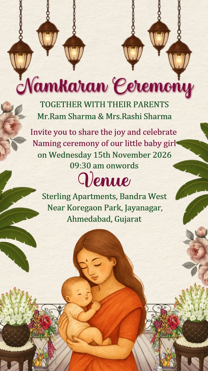 Namakarana Ceremony Invitation in English with Flowers