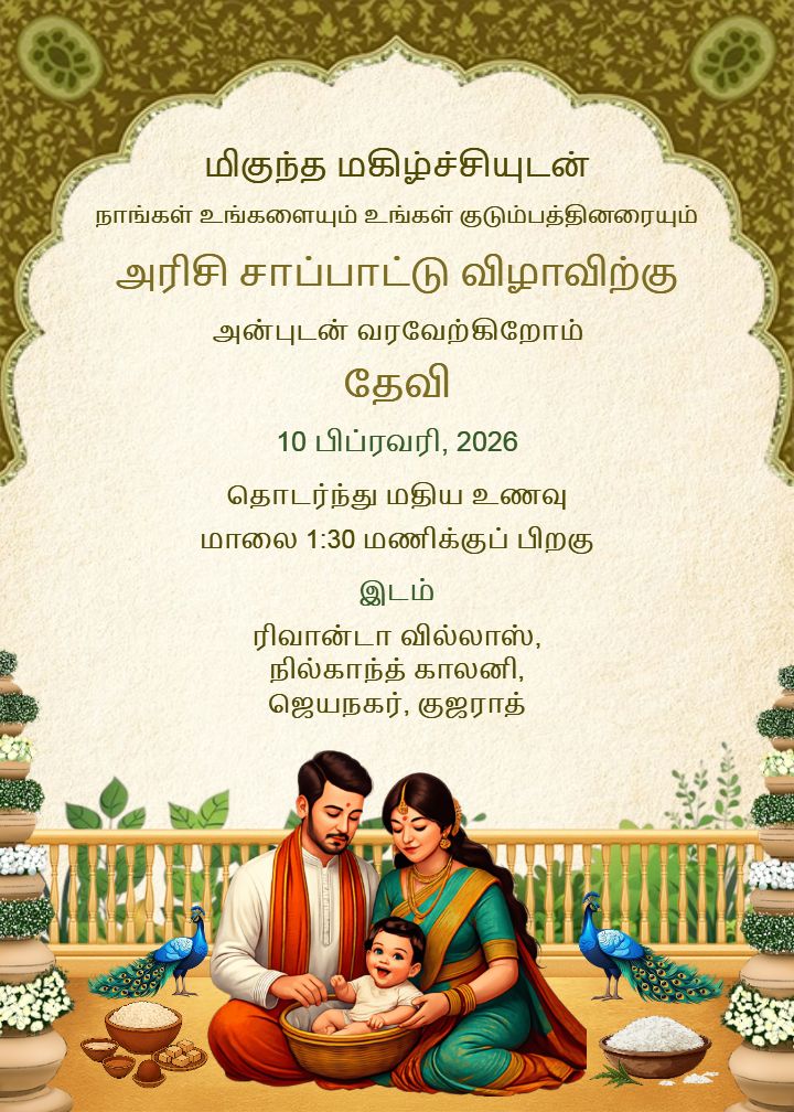 Tamil Rice Ceremony Invitation Card with Peacock Art