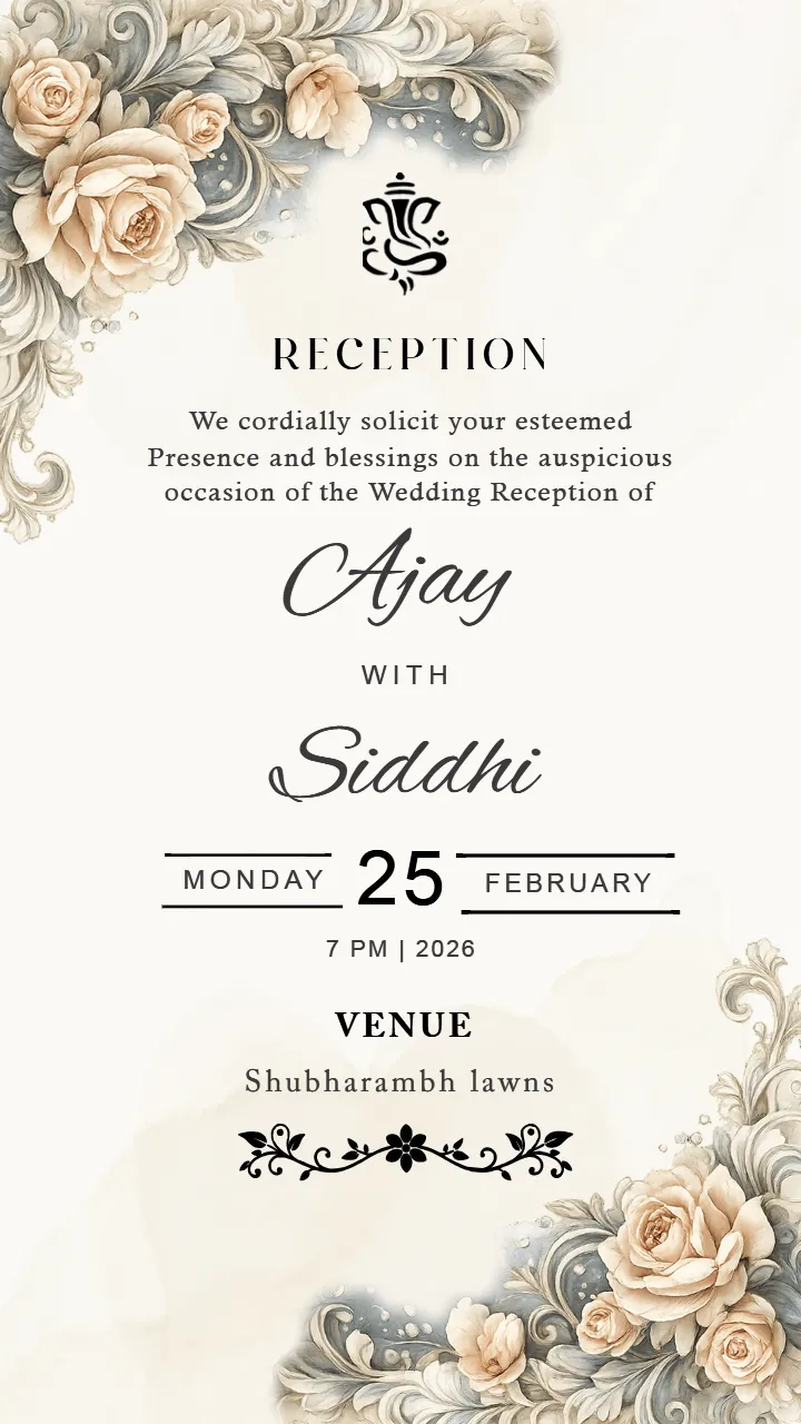 Wedding Reception Invitation Card in Ivory Floral Theme
