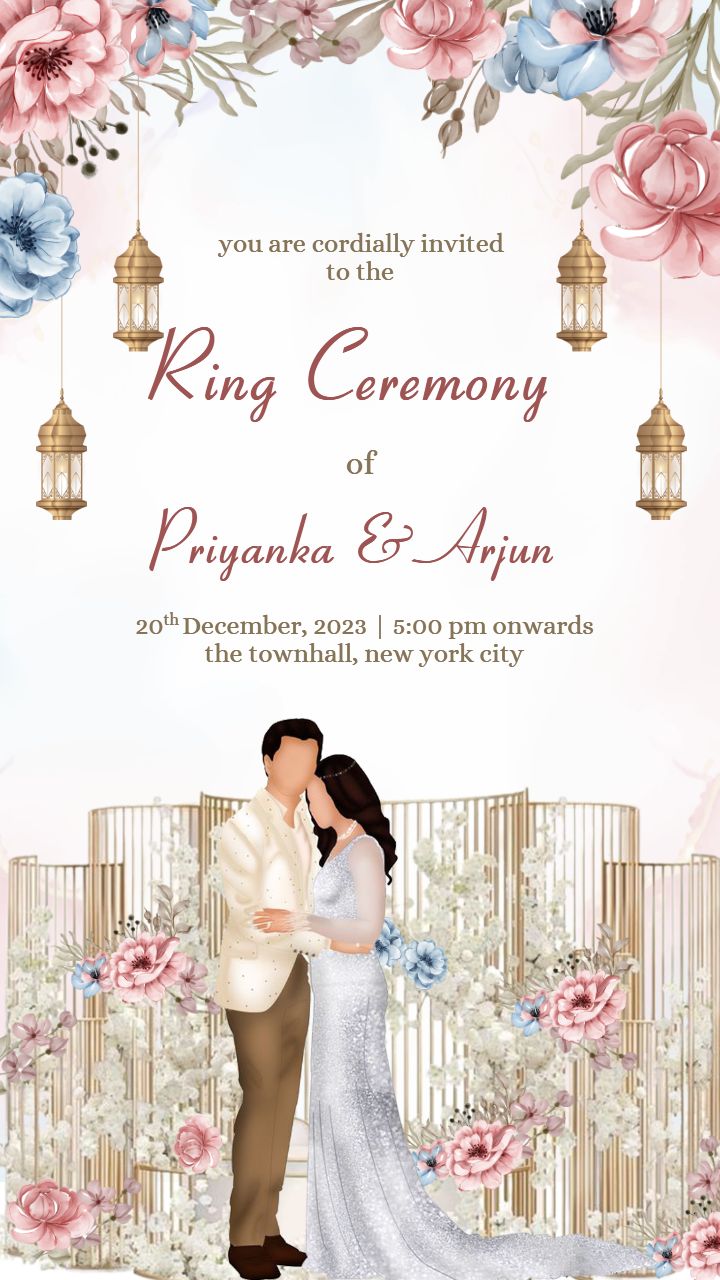 Romantic Ring Ceremony Invite with Blush and Blue Florals