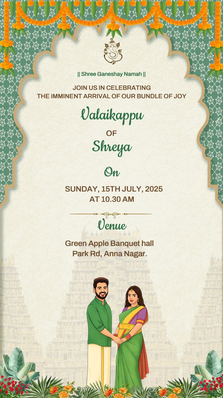Valaikappu EInvitation in Tamil with Couple and Temple Art