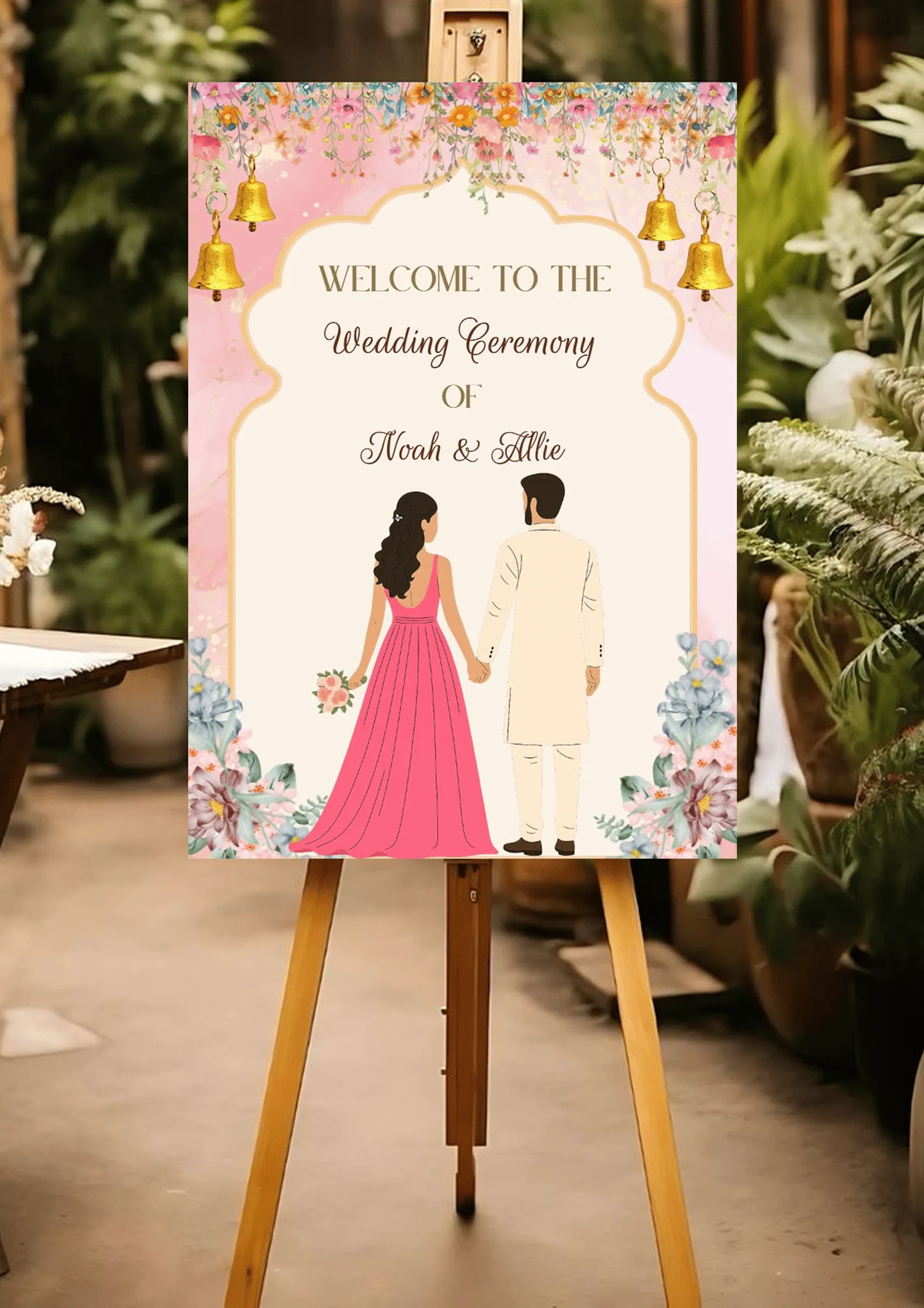Pink Themed Wedding Welcome Standee for Indian Ceremonies