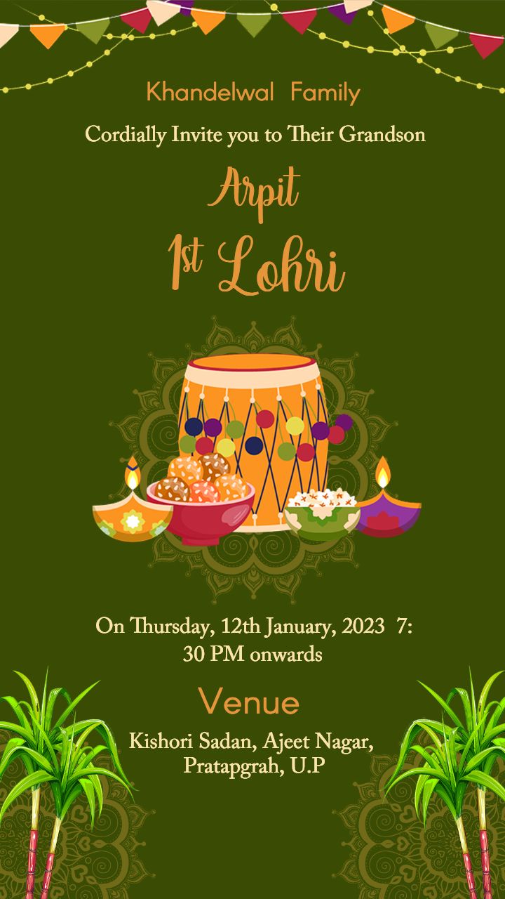 Colorful Dhol and Sweets Lohri Invitation Card Design