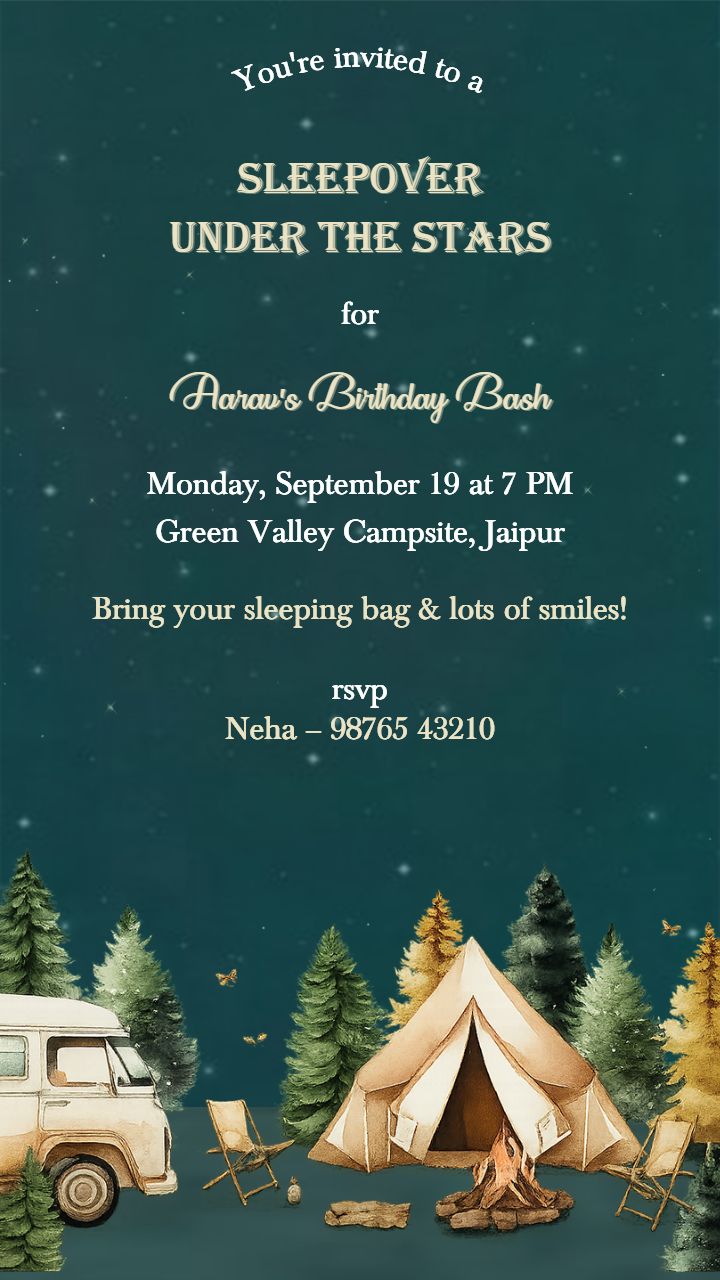 Sleepover Party Invite With Dreamy Forest Camping Theme