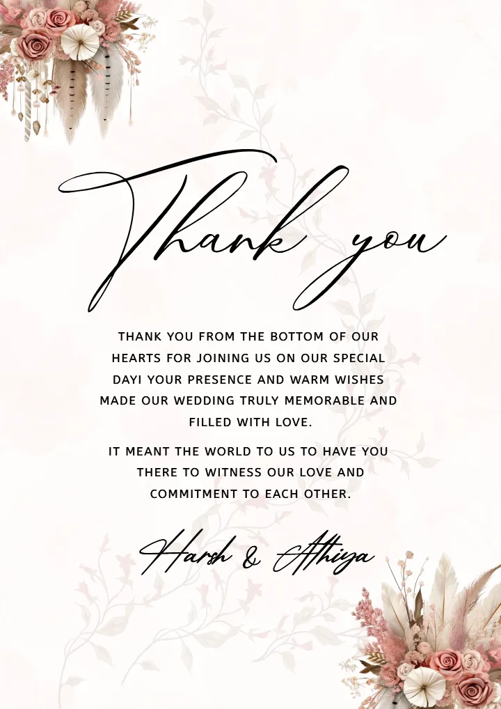 Thank You Note for Marriage Invitation Romantic Design