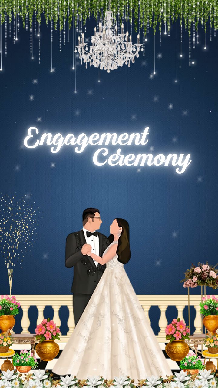 Sparkling Floral Engagement Invitation Card with Grand Chandelier and Couple Art