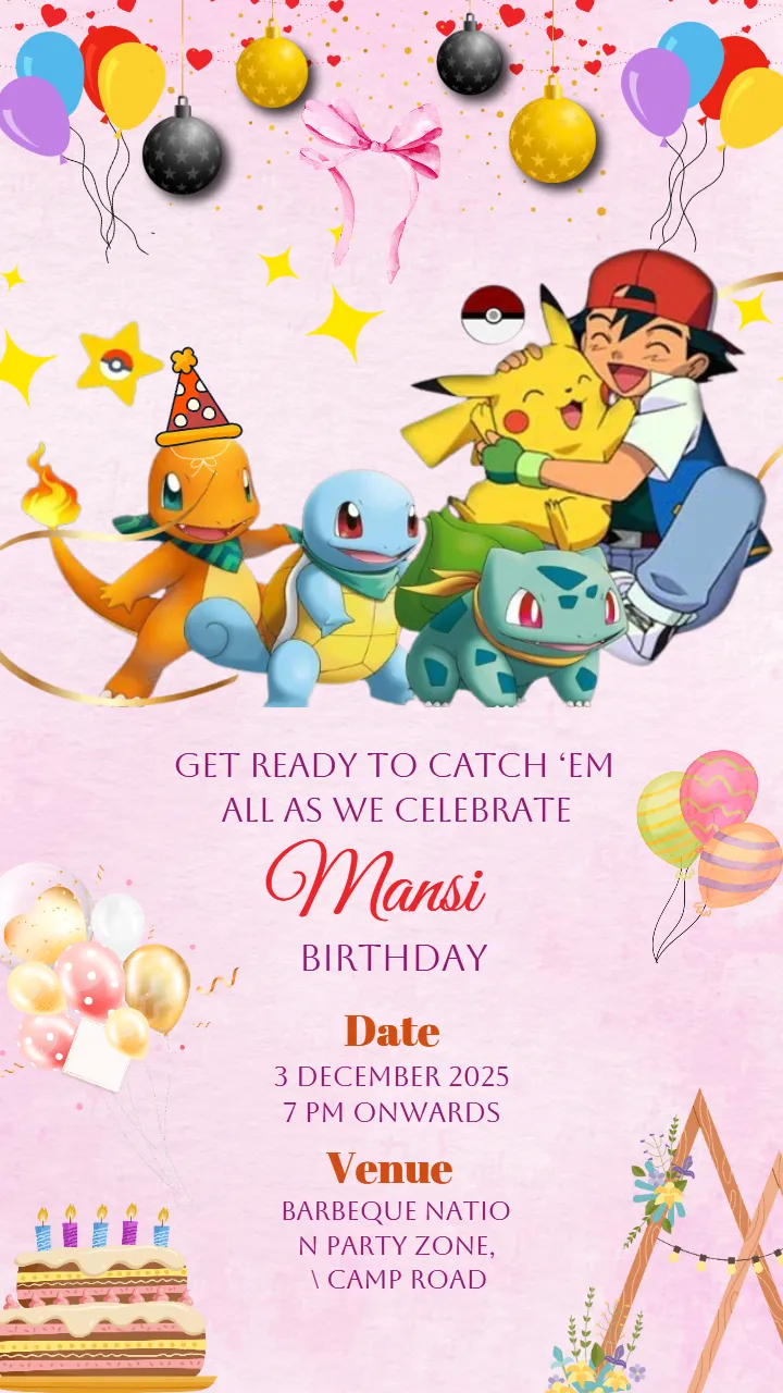 Pokemon Birthday Invitation Card for Girl Party