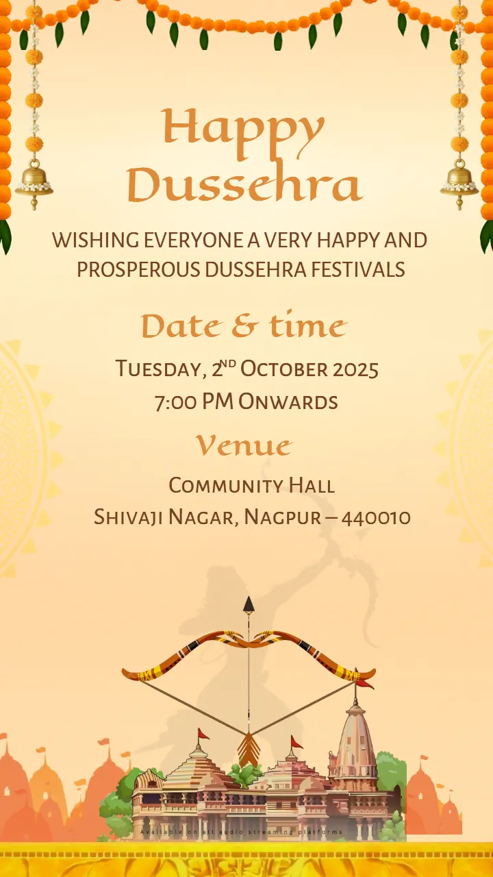 Happy Dasara Invitation Card in English with Temple Theme