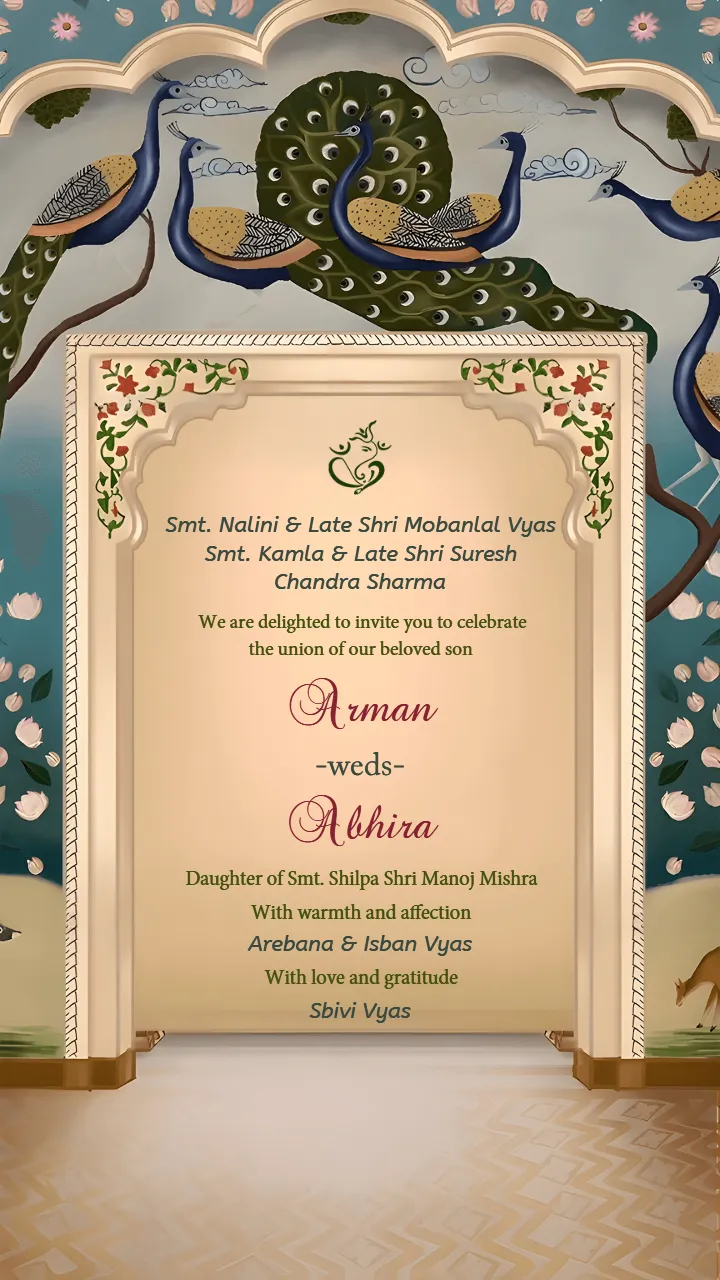 wedding invitation video with royal peacock art theme