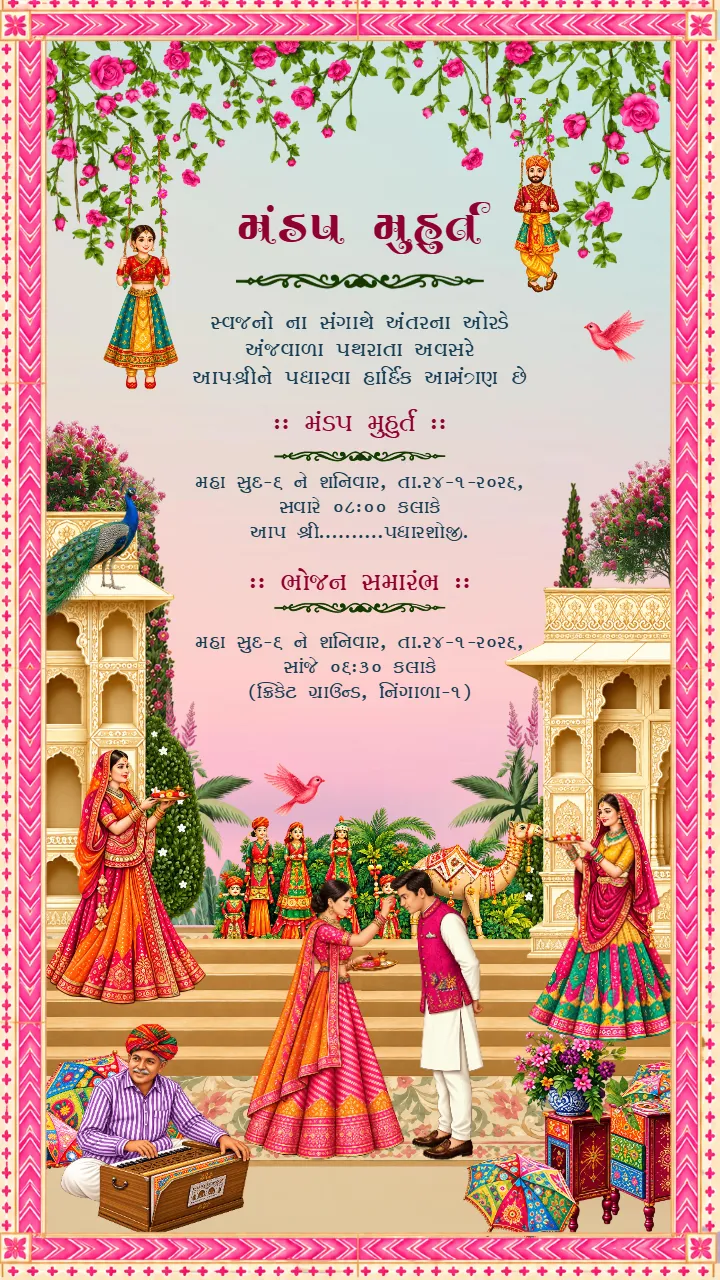 Gujarati Wedding Invitation Video with Peacock Garden Art