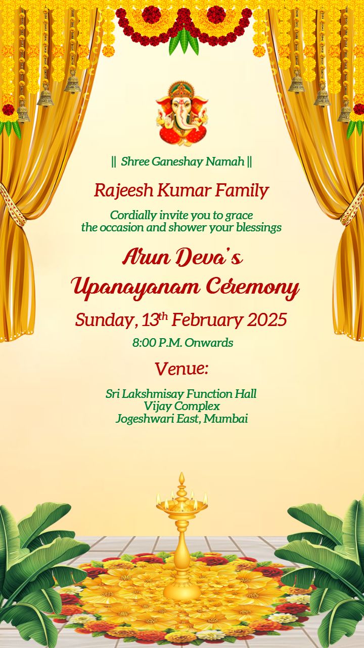 Upanayanam Ceremony Invitation Video in English Gold Theme