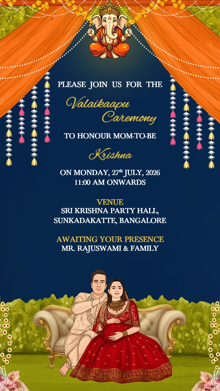 Invitation Video for Valaikappu Ceremony with Couple Sofa Design