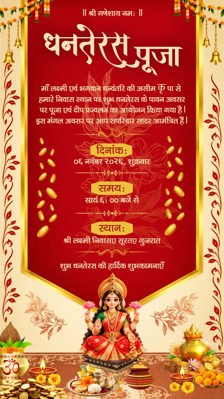 Dhanteras Invitation Card  Hindi for Traditional Puja Invite