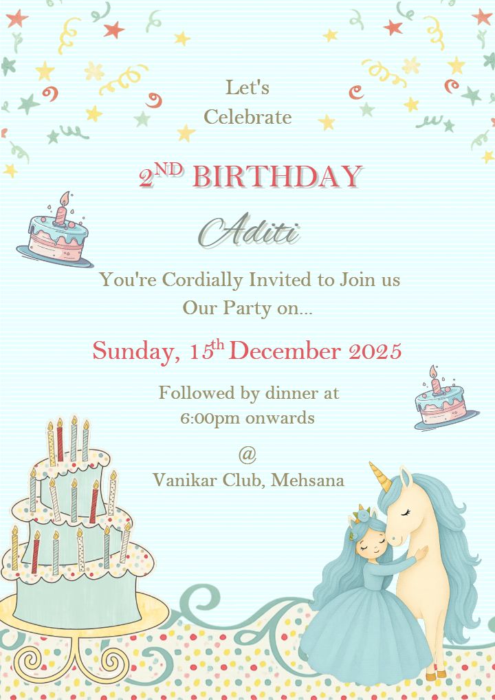 Magical Unicorn 2nd Year Birthday Invitation Card for Girls
