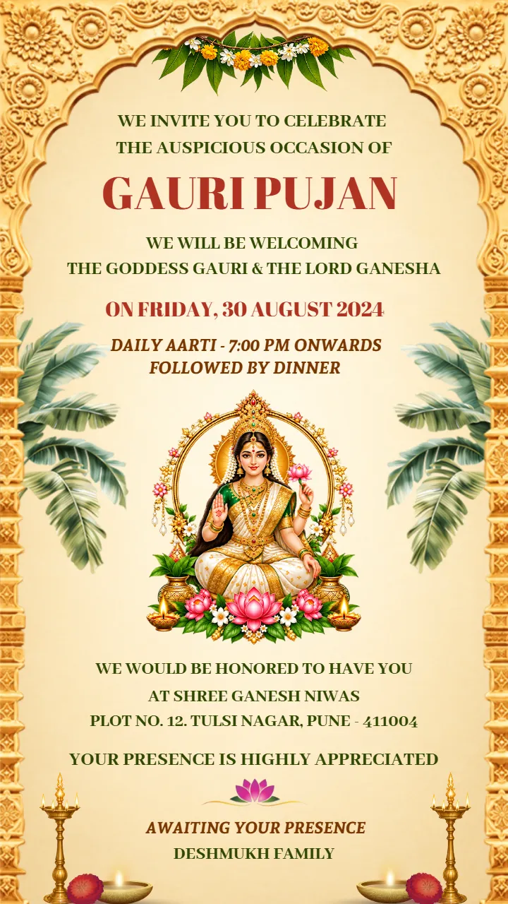 Gauri Pujan Invitation Card for a Graceful Traditional Theme