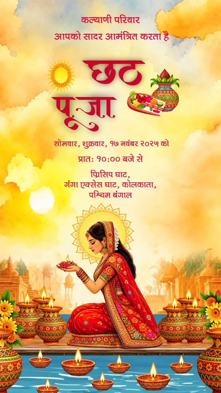 Chhath Puja Invitation Card with Divine Surya Dev Theme