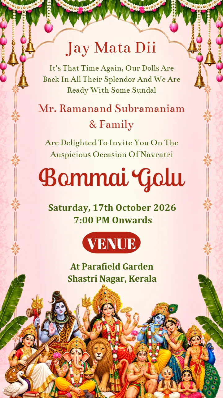 Bommai Golu Invitation Card with Green Leaf Toran Design