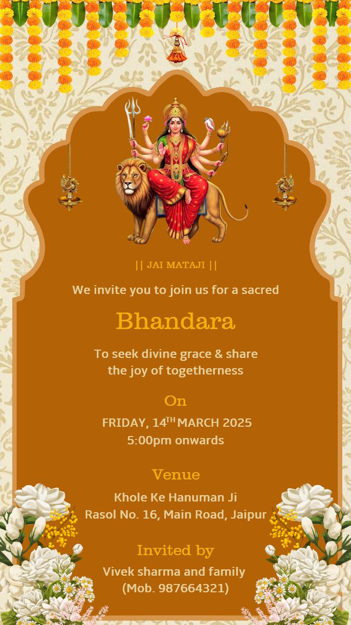 Mataji Bhandara Invitation Card in English with Floral Decor
