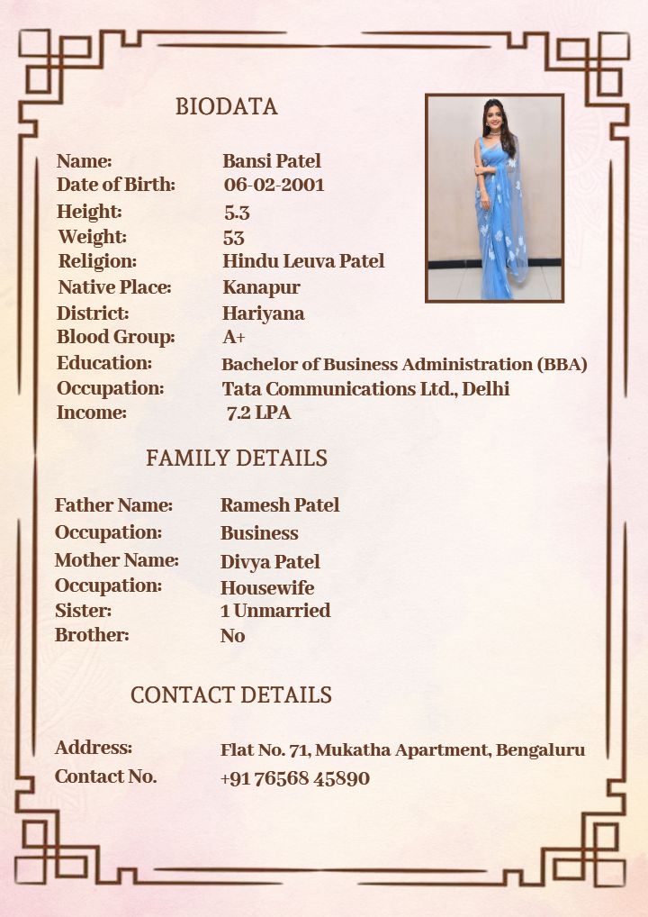 Charming Biodata for Marriage with Stylish Layout