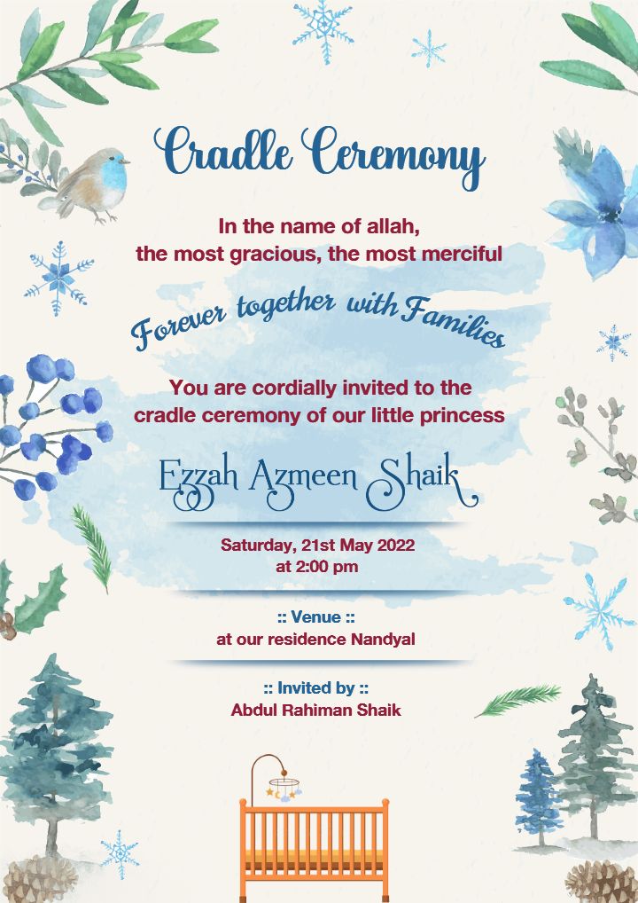 Cradle Ceremony Invitation Card Soft Blue and Green