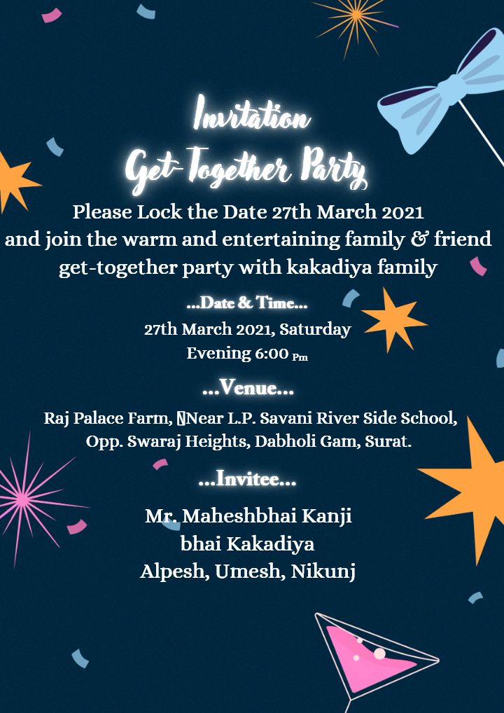 Get together invitation card design with fireworks theme