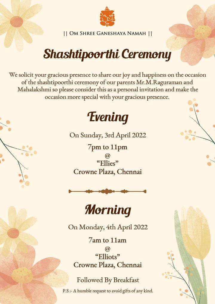 Free Shashtipoorthi Ceremony Card with Morning Slot