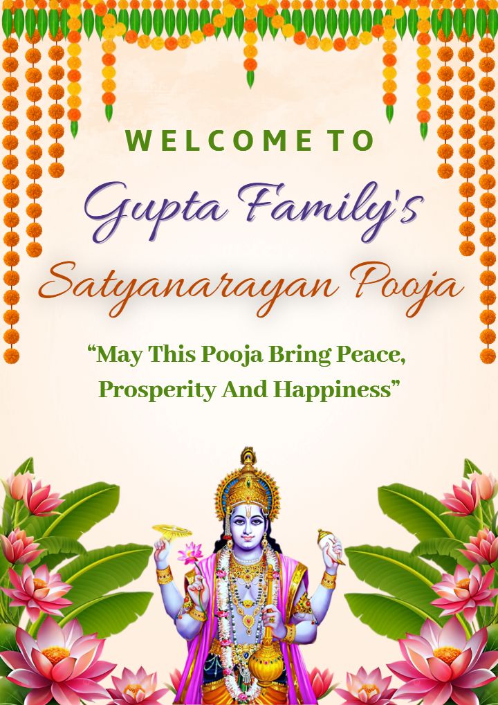 Satyanarayan Puja Standee Board Invite Card with Lotus Theme