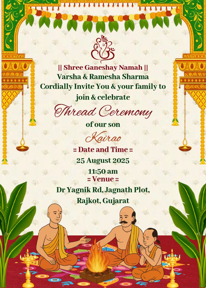 Thread ceremony invitation in english with pooja theme