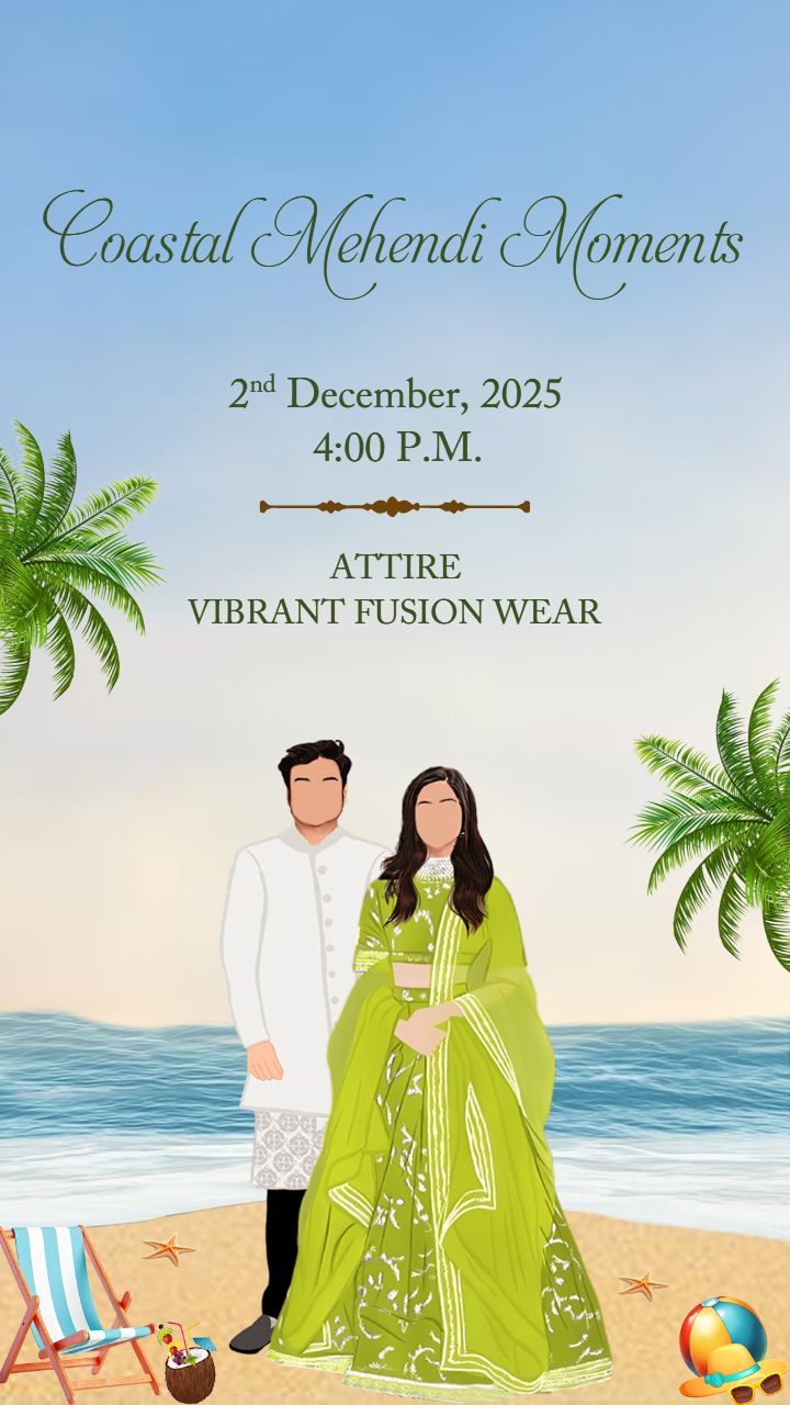 Palm Tree Wedding Invitation Template with Flowers and beach