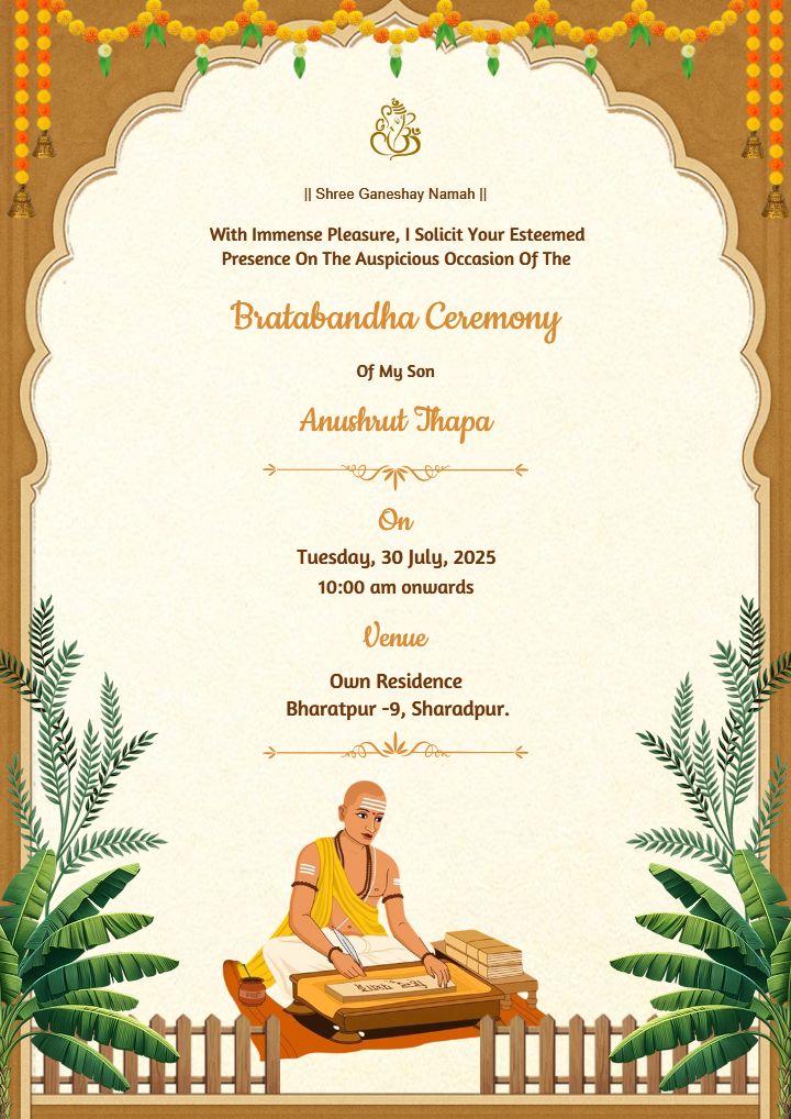Bratbandha Ceremony Invitation in English with Priest