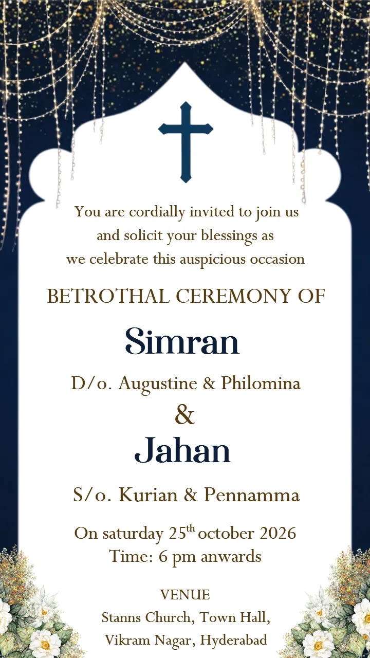 Editable Betrothal Invitation Card in Blue and Gold Theme