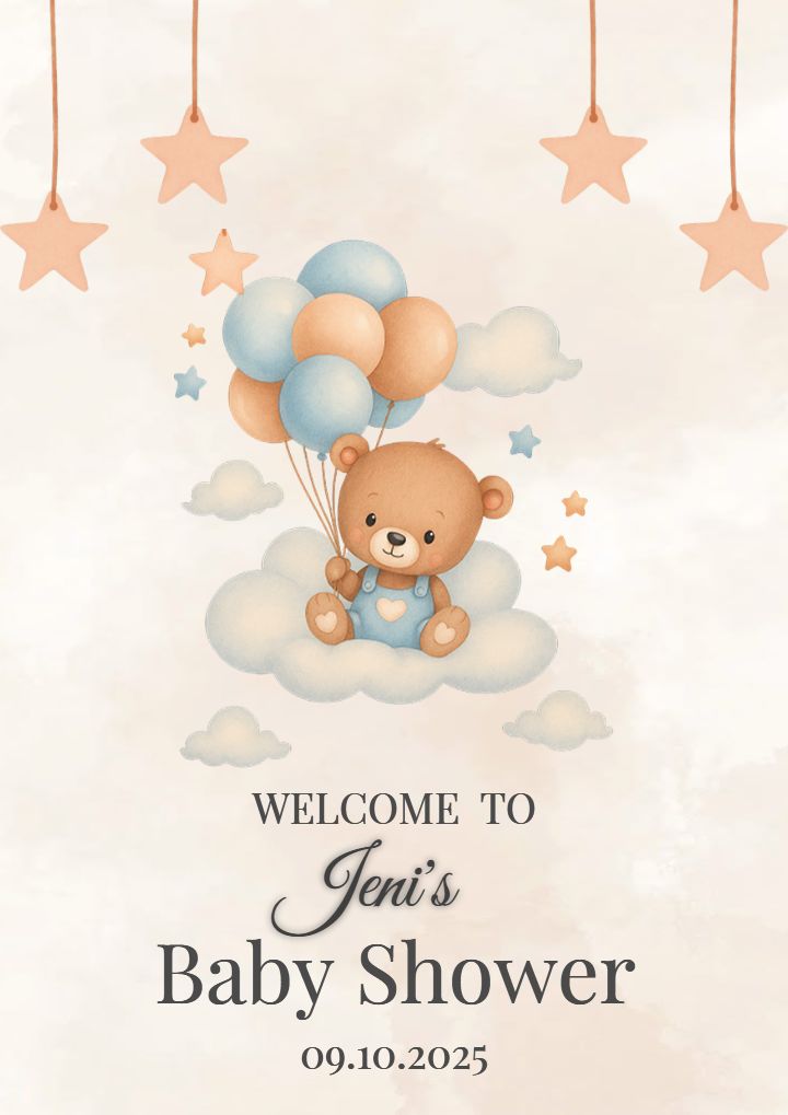 Teddy and Balloons Baby Shower Name Board for Celebration
