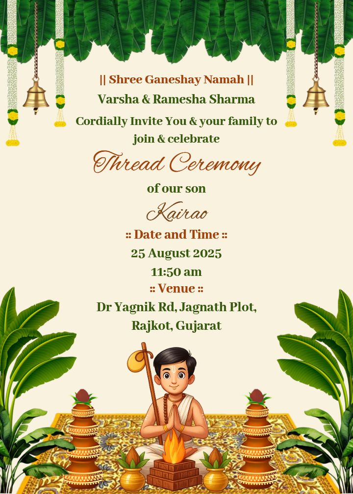 Thread ceremony invitation in English with hanging bells