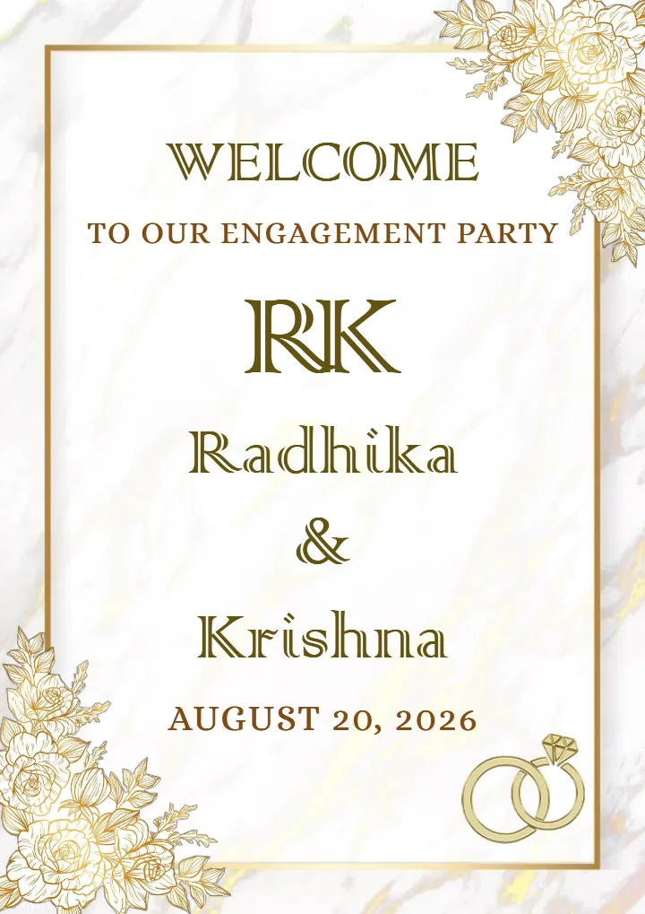 Artistic Floral Engagement Welcome Board in Gold Style
