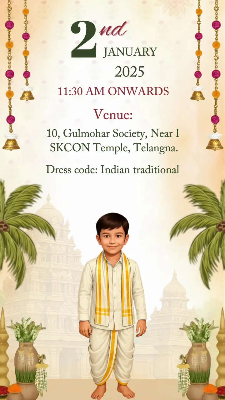Dhoti ceremony invitation cards South Indian theme