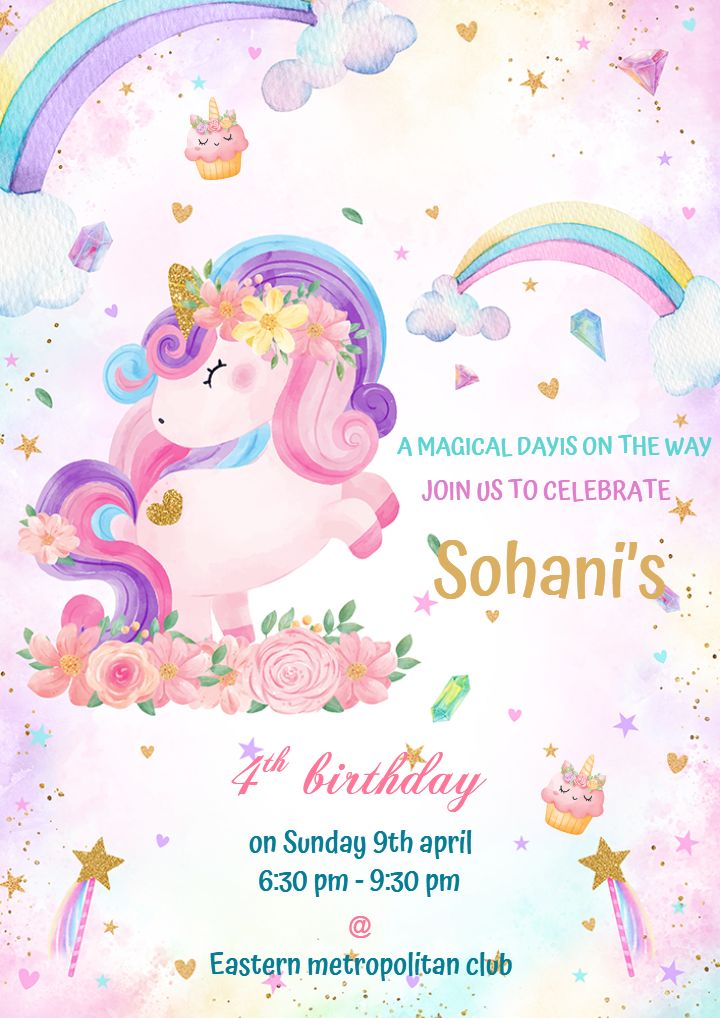 Magical Unicorn 4th Birthday Invitation Card for Girls