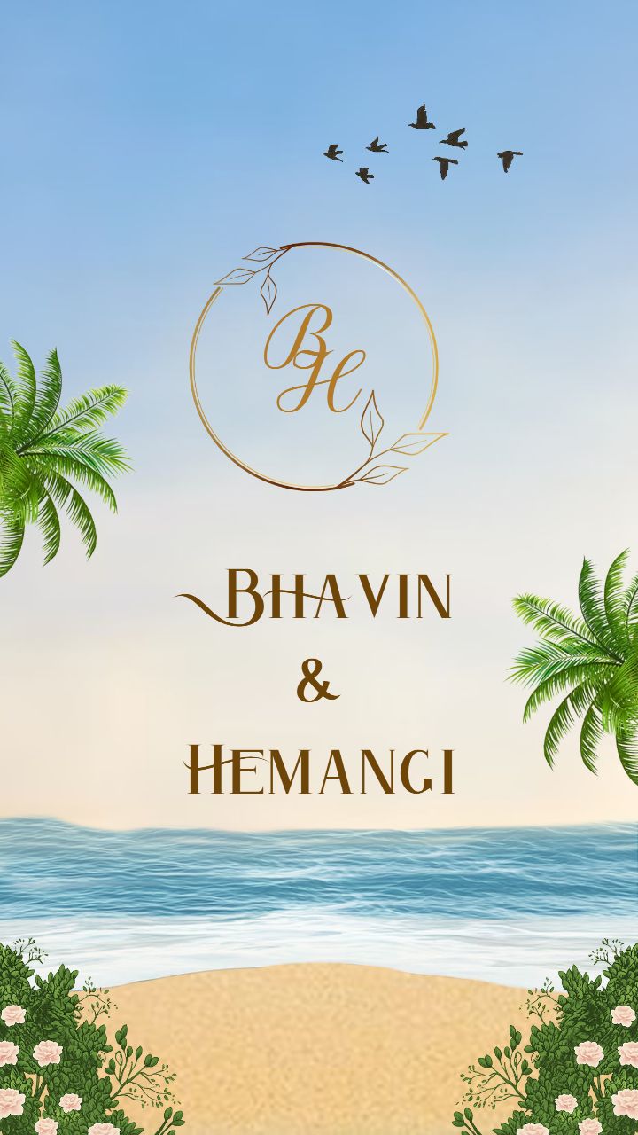 Palm Tree Wedding Invitation Template with Flowers and beach