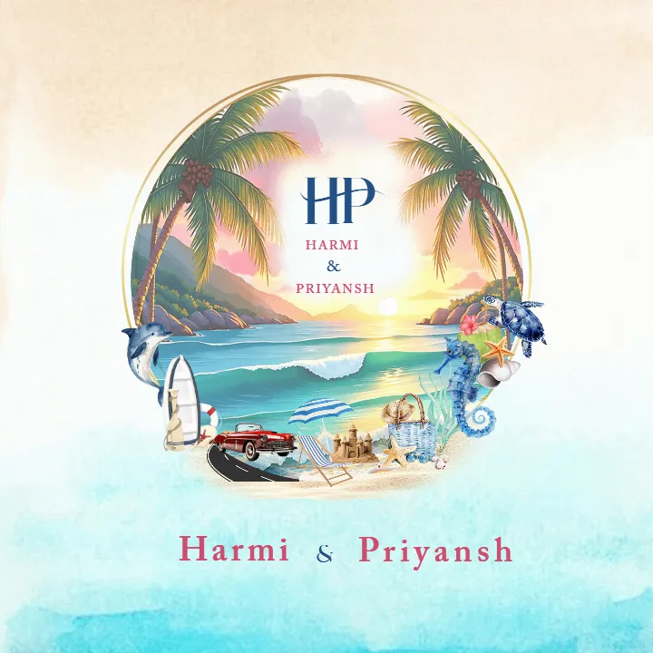 Wedding Monogram logo with Tropical Sunset Beach Theme