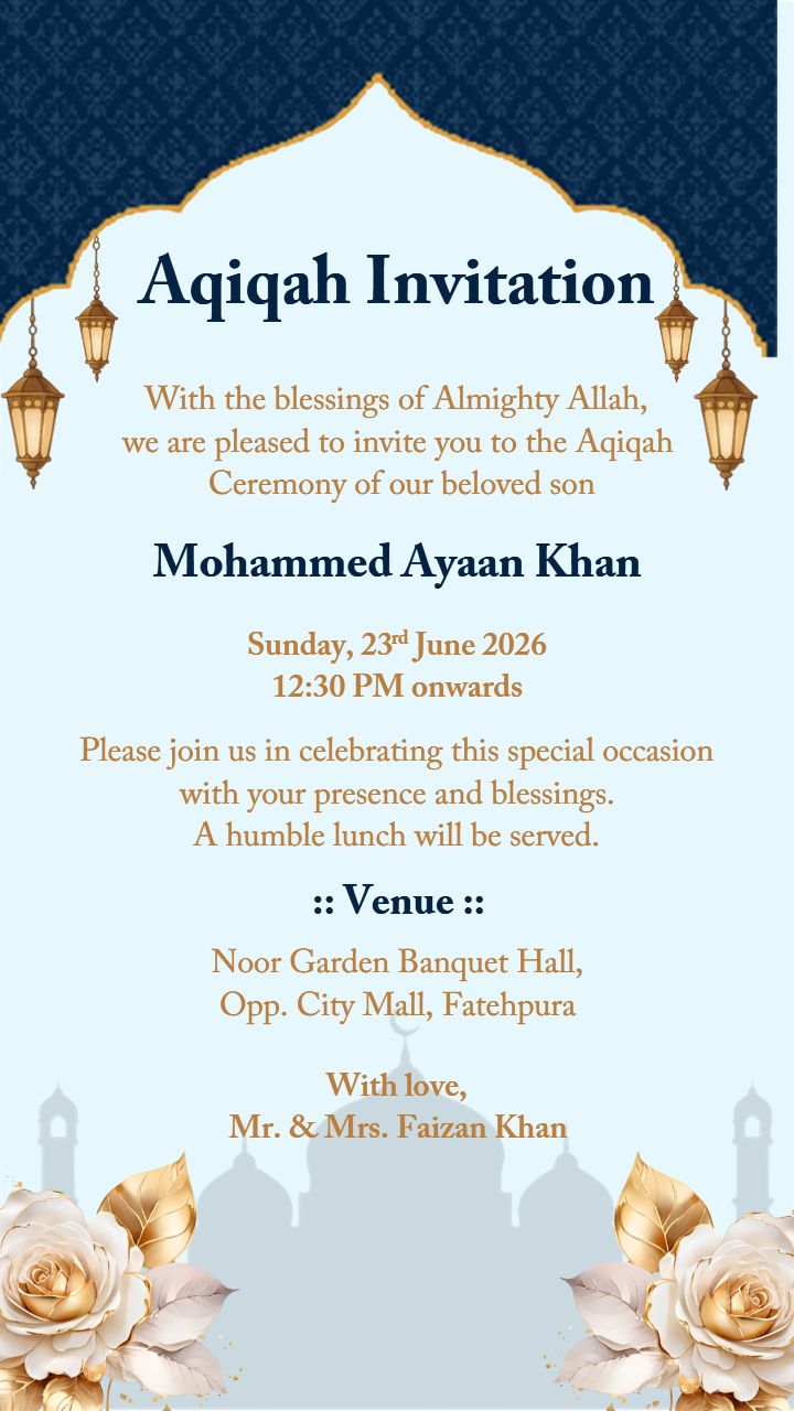 Aqiqah Ceremony Card In Elegant Blue And Gold Theme