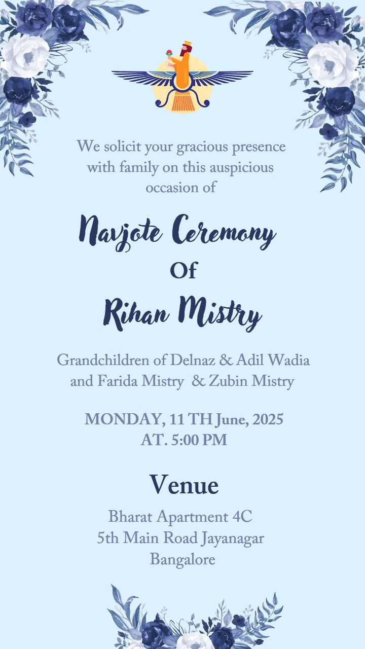 Soft Blue Colored Navjote Function Invitation In English