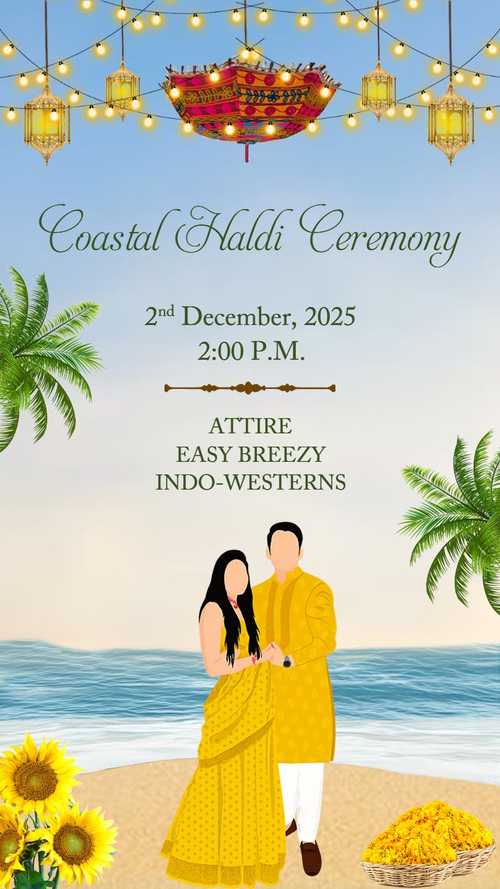 Palm Tree Wedding Invitation Template with Flowers and beach