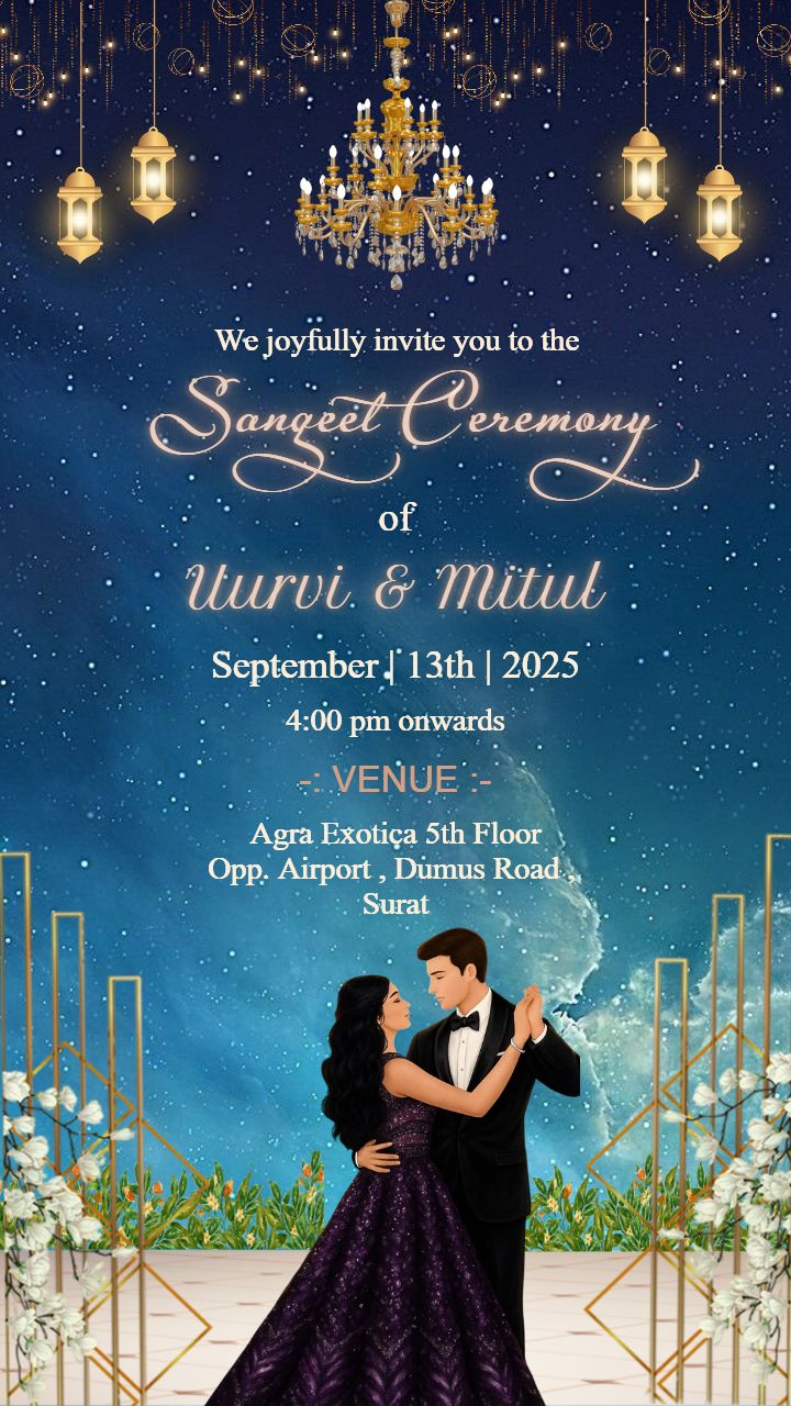 Stylish Sangeet Invite Card with Lights and Chandeliers