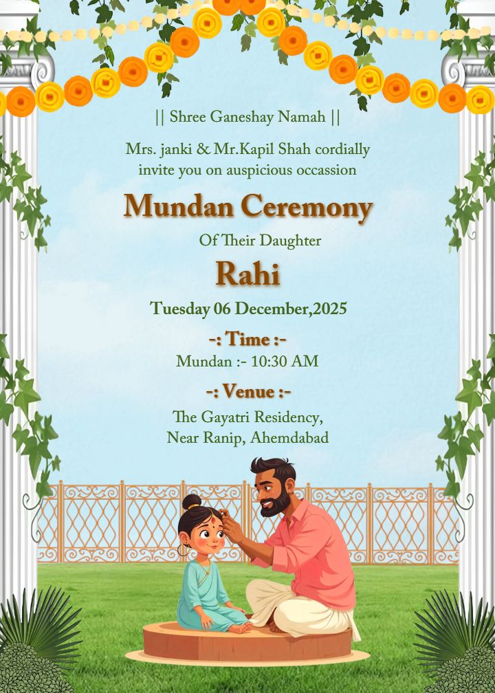 Minimalist-themed Mundan invitation for daughter