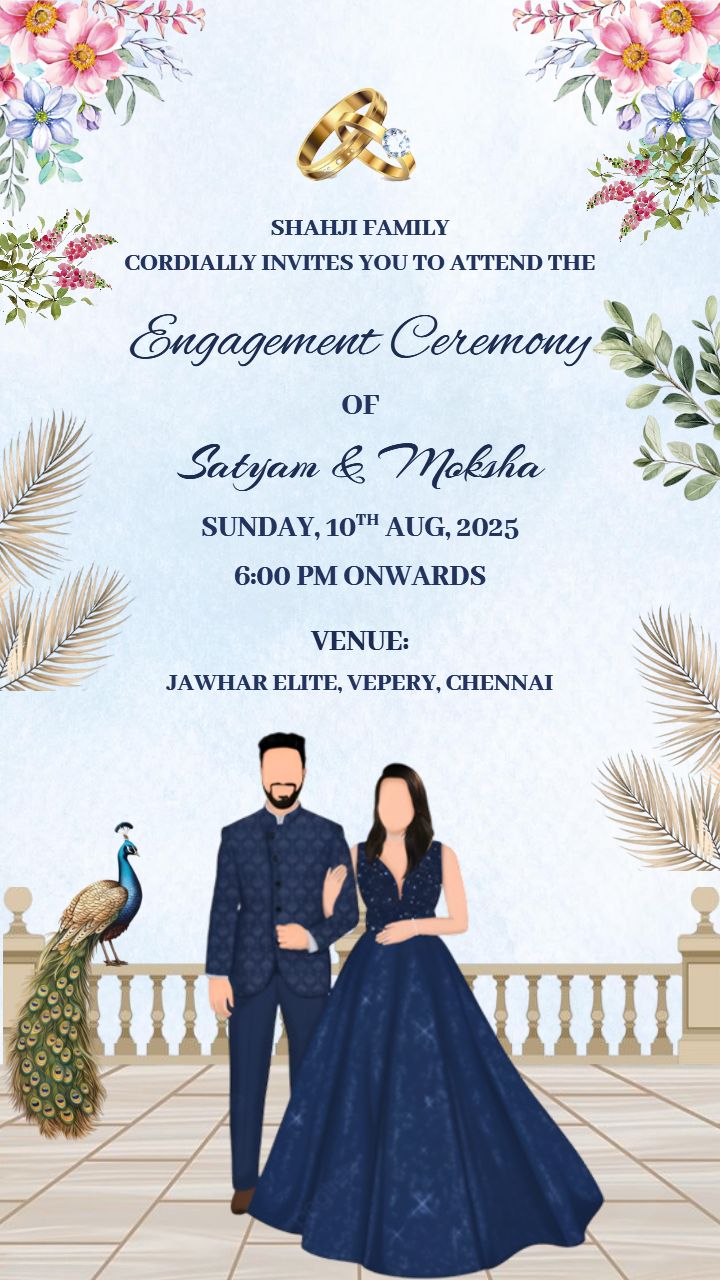 Royal Blue Floral Theme Engagement Invitation Template Design
