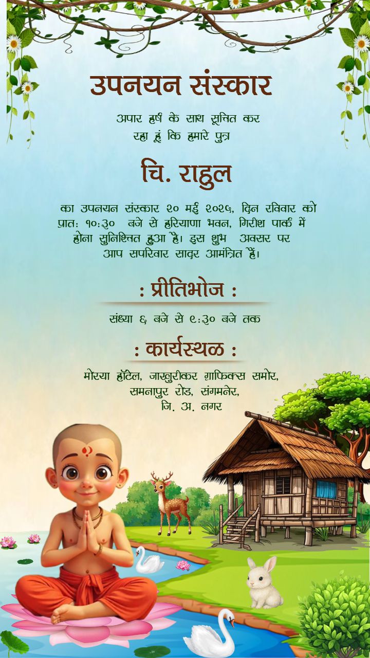 Upanayan sanskar invitation in Hindi with hut theme