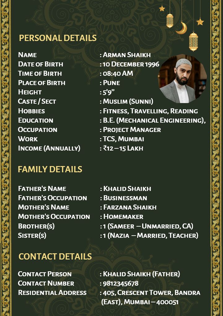 Muslim Marriage Biodata Format with Creative Graceful Style