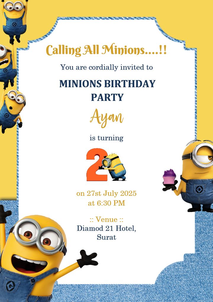 Minions Themed 2nd Birthday Invitations Card for Boys