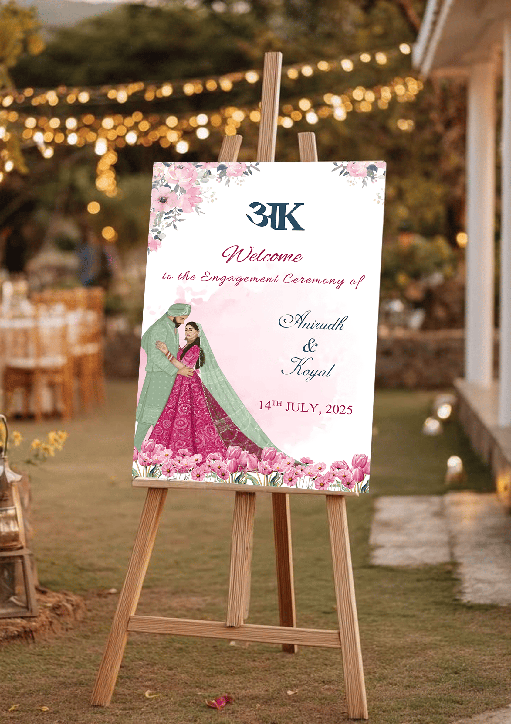Traditional Engagement Welcome Board with Flowers