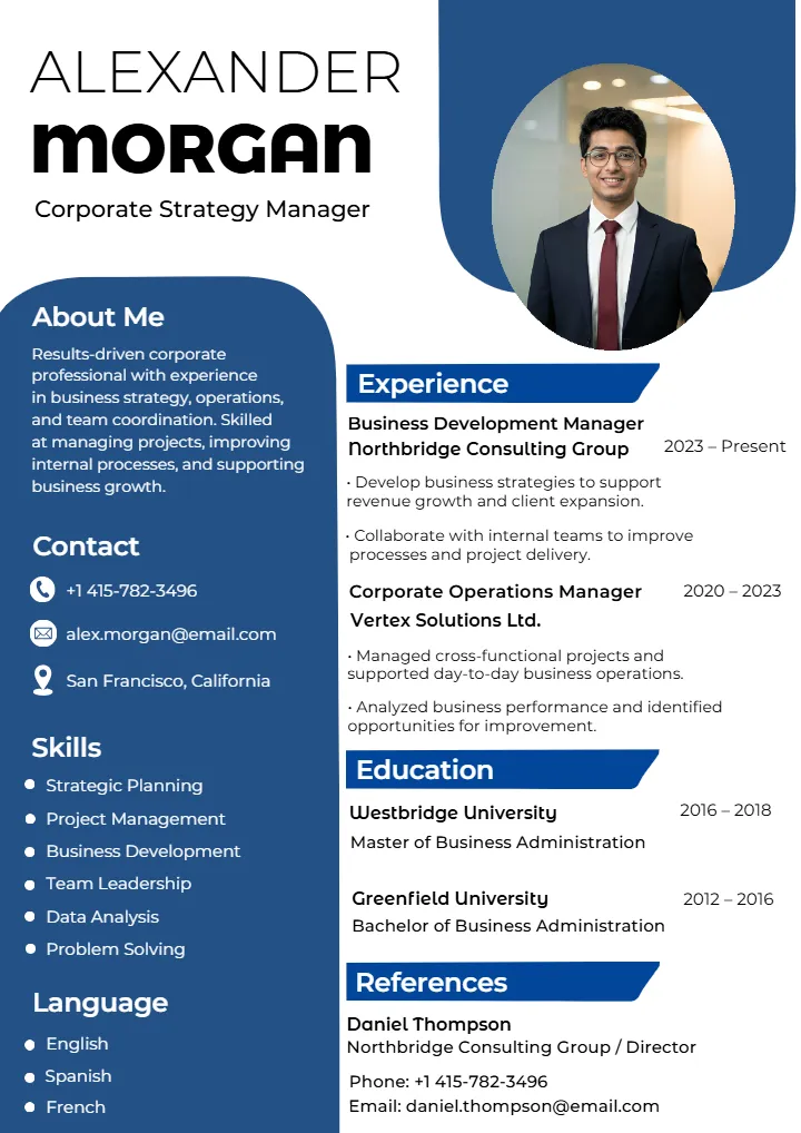 Corporate Resume Template with Clean Blue Business Design
